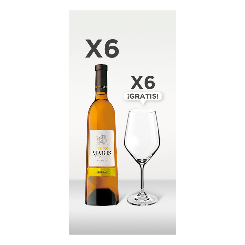 Pack de 6 Vino Blanco Tres Maris Verdejo + 6 copas Enobar GRATIS